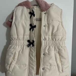 Cream Puffer Vest with Pink Hood